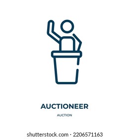 Icono del subastador. Ilustración vectorial lineal de la colección de subastas. Esquema del vector de icono del subastador. Símbolo de línea delgada para uso en aplicaciones web y móviles, logotipo, medios impresos.