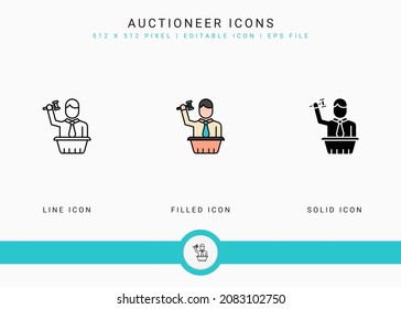 Auctioneer icons set vector illustration with solid icon line style. Auction act concept. Editable stroke icon on isolated background for web design, user interface, and mobile application