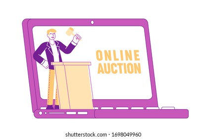 Auctioneer Male Character Holding Wooden Gavel Stand at Tribune on Screen of Laptop Conducting Online Auction. E-business, Internet Technology for Selling and Buying Assets. Linear Vector Illustration