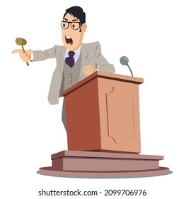 Auctioneer is on podium. Lead of trades. Illustration concept for mobile website and internet development.