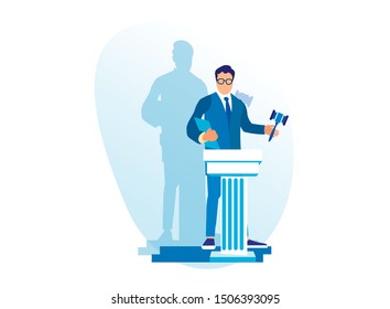 Auctioneer Raising His Wooden Gavel to Knock Down Sale to Highest Bidder Close Isolated on White Background, Public Auction House. Bidder, Buyer Visit Market Trade Cartoon Flat Vector Illustration