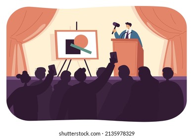 Auctioneer selling painting flat vector illustration. Man standing on stage in front of crowd of buyers, selling valuable items, using hummer. Art bidding, sale concept