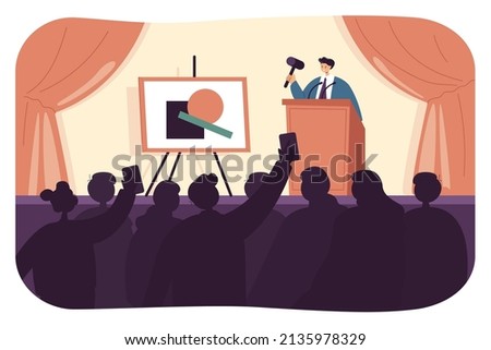 Auctioneer selling painting flat vector illustration. Man standing on stage in front of crowd of buyers, selling valuable items, using hummer. Art bidding, sale concept