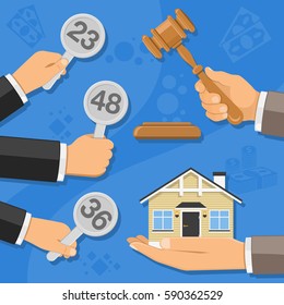 Auctions and bidding concept. Auctioneer holding gavel in hand, and buyers holding in hand bids. sale real estate at auction. icon in flat style. Isolated vector illustration.