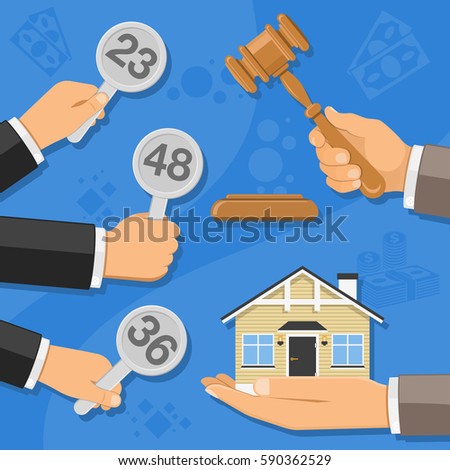 Auctions and bidding concept. Auctioneer holding gavel in hand, and buyers holding in hand bids. sale real estate at auction. icon in flat style. Isolated vector illustration.