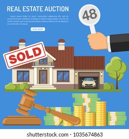 Auctions and bidding concept. Buyers holding bid in hand. Gavel and money. Sale real estate at auction. Icon in flat style. Isolated vector illustration