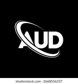 Logotipo da AUD. Design do logotipo da letra AUD. Logotipo AUD inicial ligado ao círculo e ao monograma em maiúsculas. Tipografia AUD para marca de tecnologia, negócios e imóveis.