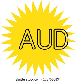 AUD sign on white background. Sticker, stamp