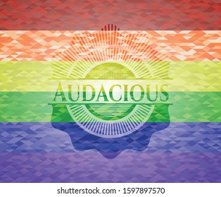Audacious on mosaic background with the colors of the LGBT flag