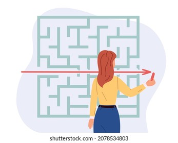 Audacious solution task. Direct path to goal. Woman solving puzzle. Mind exercise. Girl searching way. Logic riddle. Intellectual challenge. Person overcoming obstacles. Vector concept