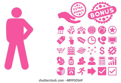 Audacity Pose icon with bonus design elements. Vector illustration style is flat iconic symbols, pink color, white background.