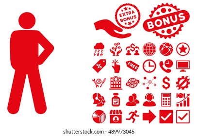 Audacity Pose icon with bonus pictograph collection. Vector illustration style is flat iconic symbols, red color, white background.