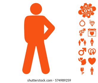 Audacity Pose icon with bonus valentine pictograph collection. Vector illustration style is flat iconic orange symbols on white background.