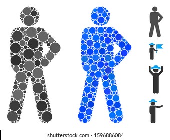 Audacity pose mosaic of small circles in various sizes and color hues, based on audacity pose icon. Vector small circles are combined into blue mosaic.