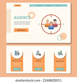 Audiece flat landing page website template. Market analytics, progress, trend analysis. Web banner with header, content and footer. Vector illustration.