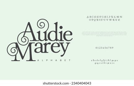 Audiemarey premium luxury elegant alphabet letters and numbers. Elegant wedding typography classic serif font decorative vintage retro. Creative vector illustration