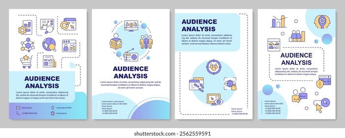 Audience analysis blue circle brochure template. Digital marketing tools. E commerce data. Leaflet design with linear icons. Editable 4 vector layouts