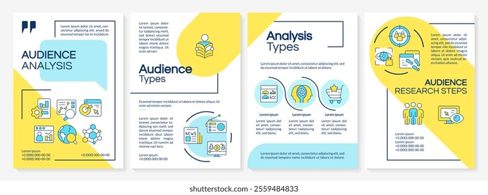 Audience analysis blue and yellow brochure template. Customers data researching for e commerce. Leaflet design with linear icons. Editable 4 vector layouts