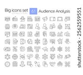 Audience analysis linear icons set. Assessment and identification of customers interests. E business. Customizable thin line symbols. Isolated vector outline illustrations. Editable stroke