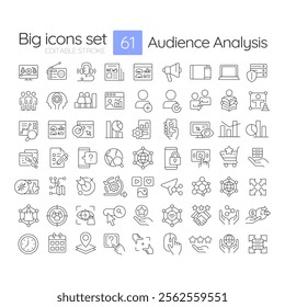 Audience analysis linear icons set. Assessment and identification of customers interests. E business. Customizable thin line symbols. Isolated vector outline illustrations. Editable stroke