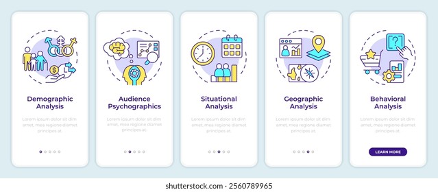 Audience analysis onboarding mobile app screen. Business assess walkthrough 5 steps editable graphic instructions with linear concepts. UI, UX, GUI template