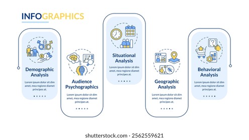 Audience analysis rectangle infographic vector. Customer data studying. Digital marketing strategy. Data visualization with 5 steps. Editable rectangular options chart