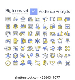 Audience analysis RGB color icons set. Assessment and identification of customers interests. E business. Isolated vector illustrations. Simple filled line drawings collection. Editable stroke