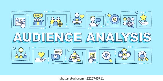 Análisis de audiencia conceptos de palabra bandera turquesa. Investigación de comportamiento. Infografía con iconos editables en el fondo del color. Tipografía aislada. Ilustración vectorial con texto. Fuente Arial-Black utilizada