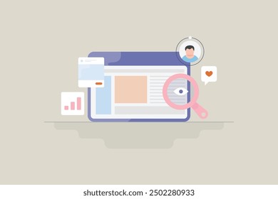 Tecnología de seguimiento del comportamiento de la audiencia, análisis del comportamiento de navegación del Cliente, marketing conductual - Ilustración vectorial con íconos