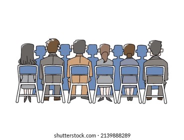 Audience business seminar (from behind) Comical handwritten person Vector  line drawing   color