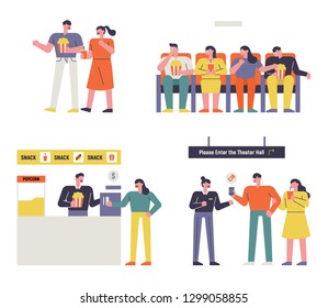 An audience character set to see a movie. flat design style minimal vector illustration