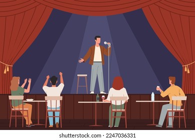 Audience in club. Artist on stage performs in public front, standup show, comedian performance, applause and laughter, theatre or club entertainment show nowaday vector cartoon flat set