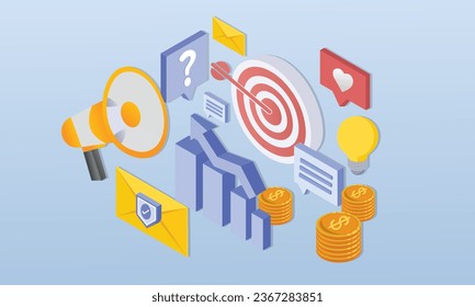 Publikumskonzept im 3D-Design. Menschen, die Markt- und Kundentrends studieren, erstellen Werbekampagnen.auf blauem Hintergrund.3D design.isometrische Vektordesign Illustration.