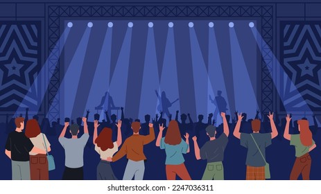 Audience at concert. People at rock concert, spectators back view, applauding crowd, music festival, musicians silhouettes on stage, nightclub party show nowaday vector cartoon flat set