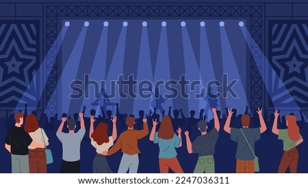 Audience at concert. People at rock concert, spectators back view, applauding crowd, music festival, musicians silhouettes on stage, nightclub party show nowaday vector cartoon flat set