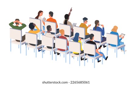 Audience at conference. Backs of people sitting on chair. Seminar and public speaking and event. Business meeting and training, lecture. Cartoon flat vector illustrations isolated on white background