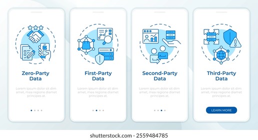 Audience data types blue onboarding mobile app screen. E business walkthrough 4 steps editable graphic instructions with linear concepts. UI, UX, GUI template