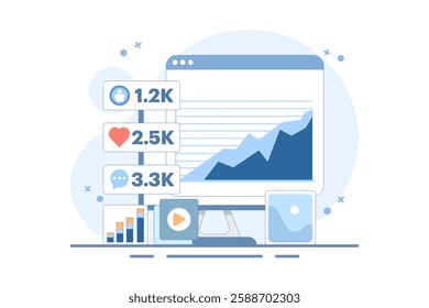 Audience engagement analysis concept, Social media post engagement analysis, Digital marketing report, Increase post engagement ratio with infographics. Vector illustration background with icons.