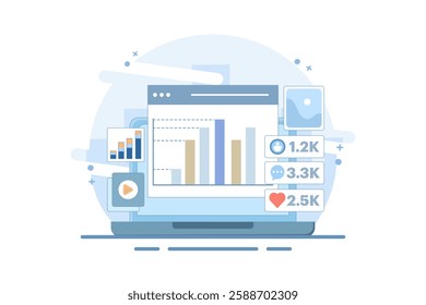 Audience engagement analysis concept, Social media post engagement analysis, Digital marketing report, Increase post engagement ratio with infographics. Vector illustration background with icons.