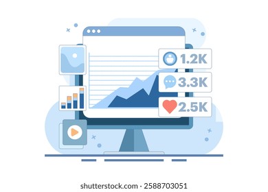 Audience engagement analysis concept, Social media post engagement analysis, Digital marketing report, Increase post engagement ratio with infographics. Vector illustration background with icons.