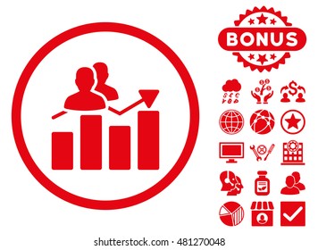 Audience Graph icon with bonus. Vector illustration style is flat iconic symbols, red color, white background.