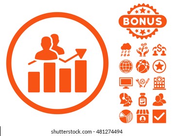 Audience Graph icon with bonus. Vector illustration style is flat iconic symbols, orange color, white background.
