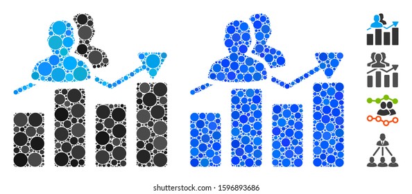 Audience graph mosaic of filled circles in different sizes and color hues, based on audience graph icon. Vector filled circles are combined into blue illustration.