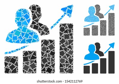 Audience growth bar chart composition of abrupt items in variable sizes and color tones, based on audience growth bar chart icon. Vector unequal dots are grouped into collage.