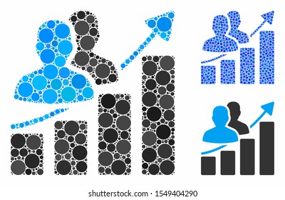 Audience growth bar chart composition of circle elements in various sizes and color tints, based on audience growth bar chart icon. Vector circle elements are combined into blue composition.