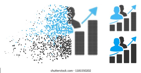 Audience growth bar chart icon in dispersed, dotted halftone and entire variants. Fragments are arranged into vector disappearing audience growth bar chart icon.