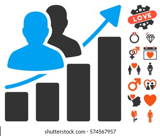 Audience Growth Bar Chart icon with bonus decorative pictures. Vector illustration style is flat iconic symbols for web design, app user interfaces.