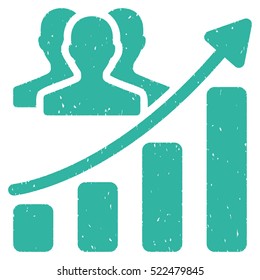 Audience Growth Chart grainy textured icon for overlay watermark stamps. Flat symbol with unclean texture. Dotted vector cyan ink rubber seal stamp with grunge design on a white background.