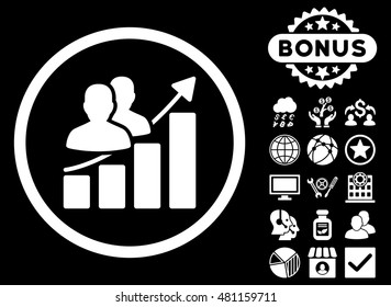 Audience Growth Chart icon with bonus. Vector illustration style is flat iconic symbols, white color, black background.