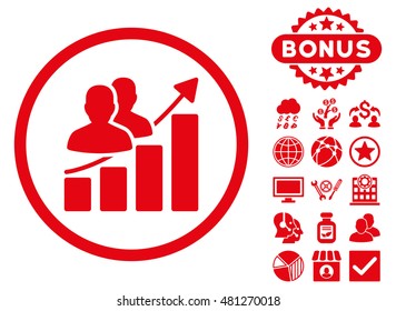 Audience Growth Chart icon with bonus. Vector illustration style is flat iconic symbols, red color, white background.